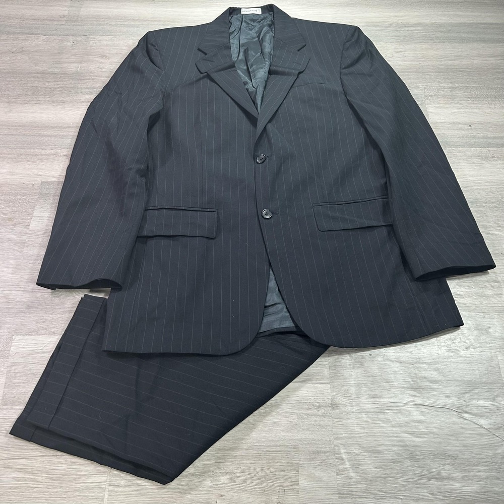 Geoffrey Beene Suit Mens 42L‎ Jacket 34x30 Pants Black Pinstripe Wool 2 Piece